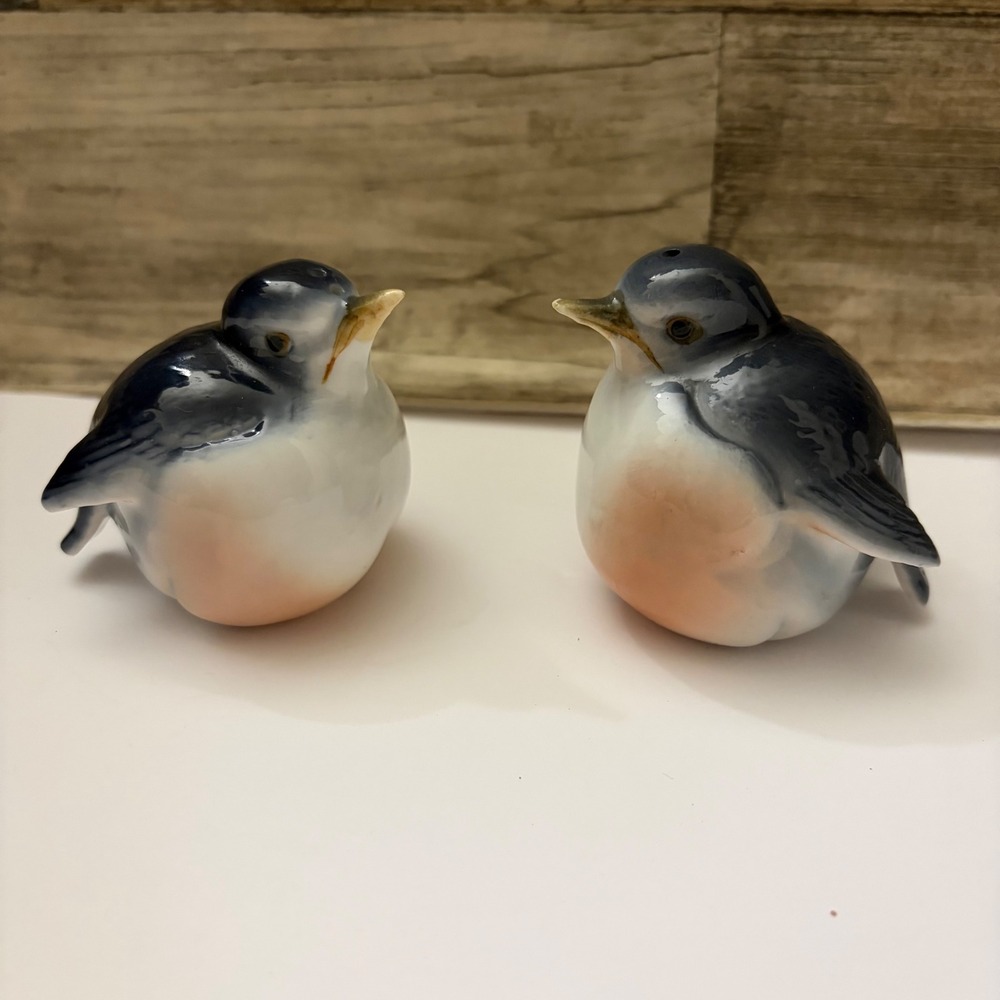 Vintage Bone China Bird Salt and Pepper Shakers Set Blue Orange Taiwan Glossy